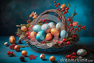 Easter still life. Basket with colored eggs, flowers and red berries on a turquoise background Stock Photo