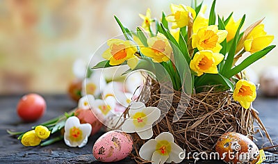 Easter still life with bouquet of daffodils in vase from bark of wood and Easter egg Stock Photo