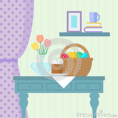 Easter still-life with cake, basket with eggs and vase on the table Vector Illustration