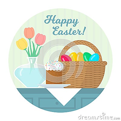 Easter still life with cake on plate, basket with eggs, vase. Flat vector illustration Vector Illustration