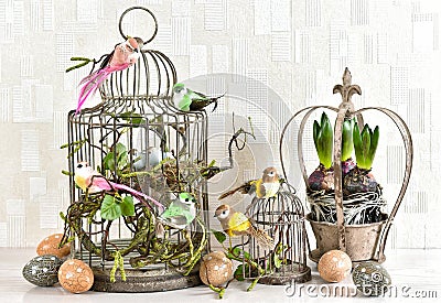 Easter still life eggs, birds, hyacinth flowers vintage Stock Photo