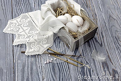 Eggs in a box, church candles and incense Stock Photo