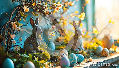 Easter still life with festive Easter wreath, multi color Easter eggs and bunnies Stock Photo