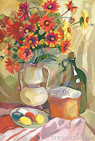 Easter still life with Gaillardia in a vase. Gouache painting Stock Photo