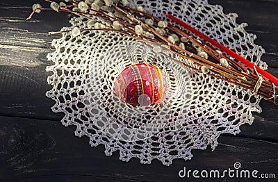 Easter still life with handmade souvenir egg and willow Stock Photo