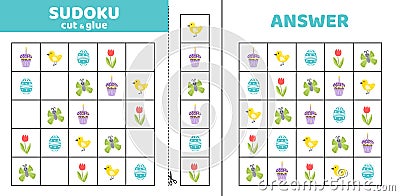 Easter sudoku with cake, chick, egg, tulip, butterfly. Game puzzle for kids Cut and glue Cartoon Vector Illustration