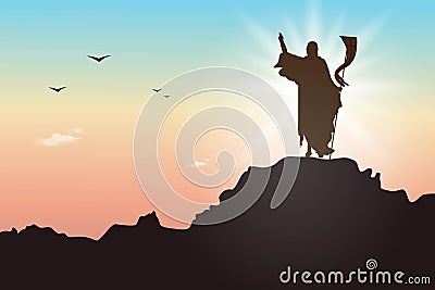 Silhouette of Calvary hill and Jesus Christ resurrection on the mountain against colorful sky. Vector Illustration