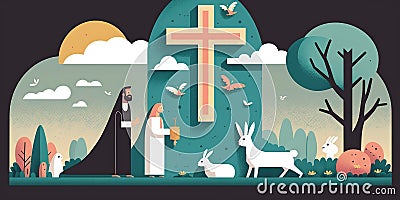 Easter Sunday. Easter vector illustration. Cave. Empty tomb of Jesus. Scripture Cartoon Illustration