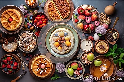 Easter sweet dessert table. Pancakes, crepes, waffles and donuts with fresh berries, nuts and topping. Easter colorful eggs Cartoon Illustration