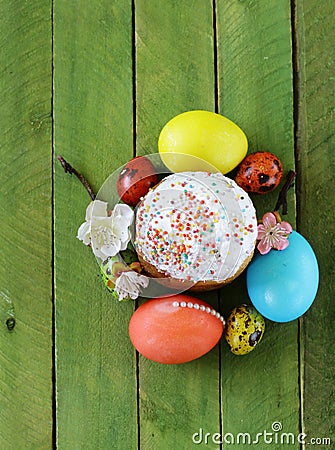Easter symbol colorful eggs and panettone Stock Photo