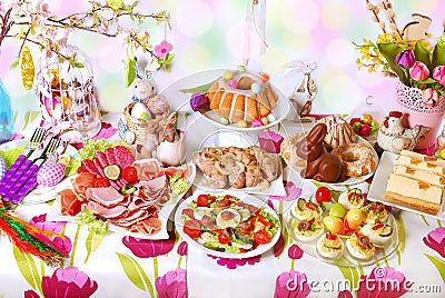 Easter table with dishes for traditional festive breakfast Stock Photo