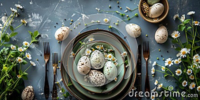 Easter table setting with spring bouquet and Easter eggs, top view. Generative AI Stock Photo