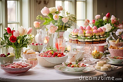 Easter table setting with sweets, candies and cupcakes Stock Photo