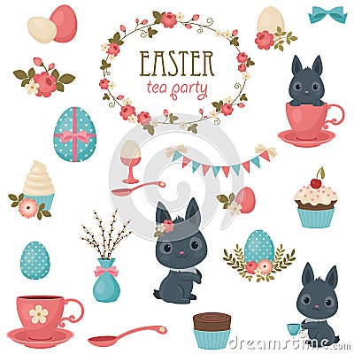 Easter tea party icons set Vector Illustration