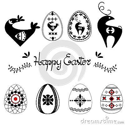 Easter template set with easter eggs hand drawn letters and leaves, black on white background. Decorative elements collection with Vector Illustration