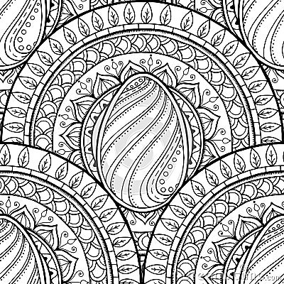 Easter theme mandala with doodle egg. Ethnic floral pattern. Black and white design. Henna paisley tribal seamless background Vector Illustration