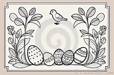 Easter theme, spring flowers, egges and bird. Stock Photo