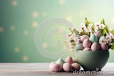 Easter themed backdrop with Easter decorations, spring flowers and eggs, pastel colours Stock Photo