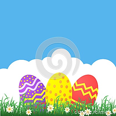 Easter themed banner with decorated eggs and grass Vector Illustration