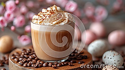 An Easter-themed coffee drink with a beautifully crafted layer of milk foam, served with small pastel colored eggs Stock Photo