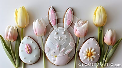 Easter themed cookies with tulips on a white background Stock Photo