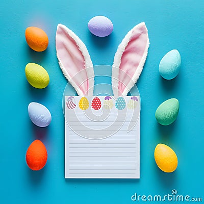 Easter themed notepad with rabbit ears on blue background, top view Stock Photo