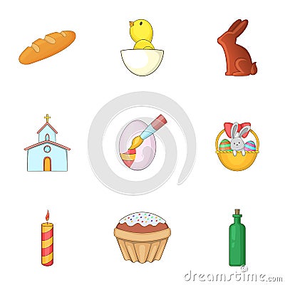 Easter things icons set, cartoon style Vector Illustration