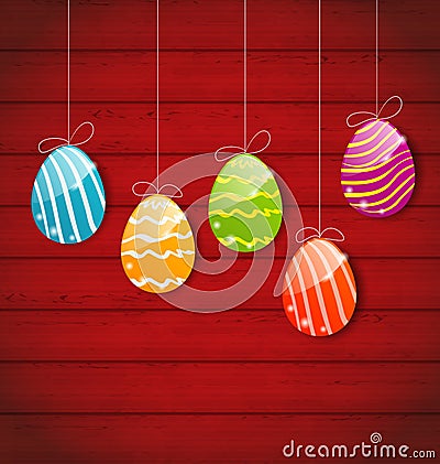 Easter three ornamental colorful eggs on wooden background Vector Illustration