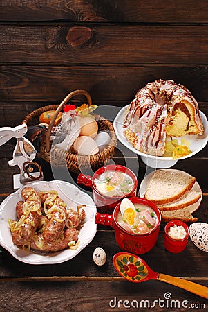 Easter traditional dishes on rural wooden table Stock Photo