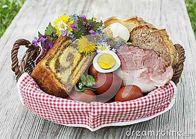 Easter food basket with eggs and ham Stock Photo