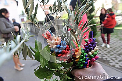 Easter traditions - green and colourful bouquets. Stock Photo