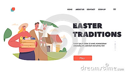 Easter Traditions Landing Page Template. Happy Family Prepare for Holiday Celebration. Young Parents Couple with Baby Vector Illustration