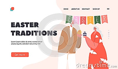 Easter Traditions Landing Page Template. Senior Couple Characters Celebrate Easter. Aged Man and Woman Wear Rabbit Ears Vector Illustration