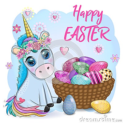 Easter unicorn cartoon character with easter egg, postcard. Vector Illustration