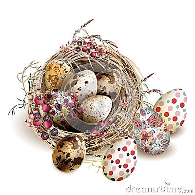 Easter vector background with realistic bird nest eggs and florals for design Stock Photo