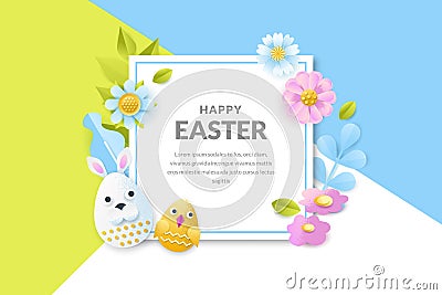 Easter vector banner, poster. Holiday background with 3d paper cut eggs, flowers, leaves. Creative greeting card design Vector Illustration