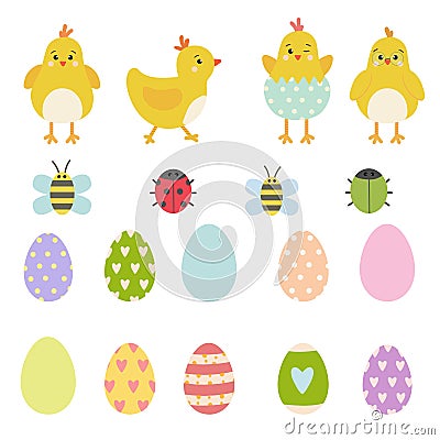 Easter vector elements set of spring yellow chicken characters, cute ladybug, beetle and bee Stock Photo