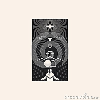 Easter vector illustration. A Christmas star, a manger, three crosses and an empty tomb. Resurrected Jesus Christ. Vector Illustration