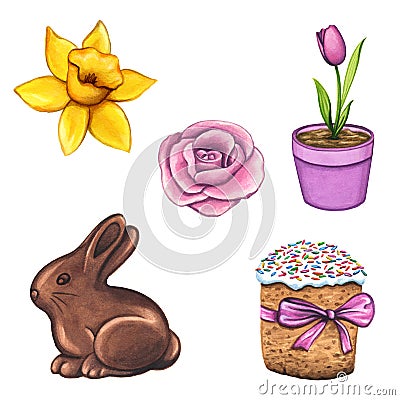 Easter watercolor elements isolated on white background. Cartoon Illustration