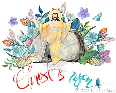 Easter watercolor illustration: cave, Risen Jesus Christ blesses, flower wreath, inscription `Christ is Risen!` Easter card Cartoon Illustration