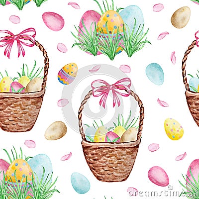 Easter watercolor seamless pattern with baskets and Easter eggs Stock Photo