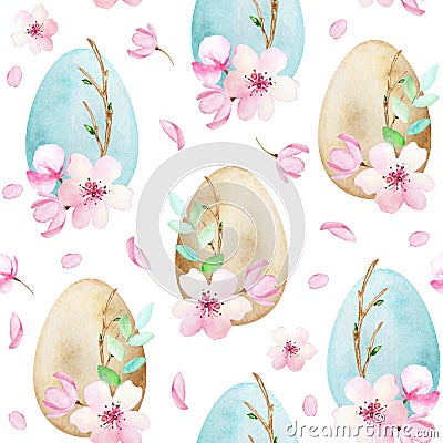 Easter watercolor seamless pattern with Easter eggs and sakura flowers Stock Photo