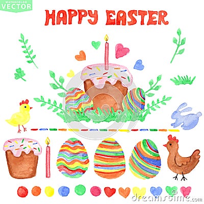 Easter watercolor set.Isolated decor,clipart Vector Illustration