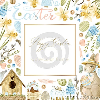 Easter watercolor square frame with Easter bunny, eggs, birdhouse and flowers Vector Illustration