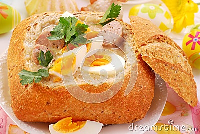 Easter white borscht in bread bowl Stock Photo