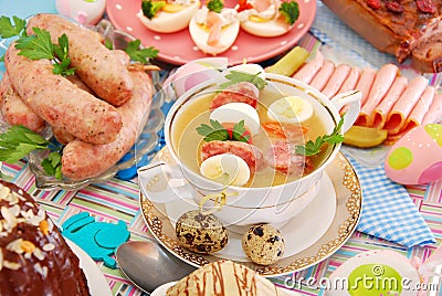 Easter white borsht with quil eggs and sausage Stock Photo