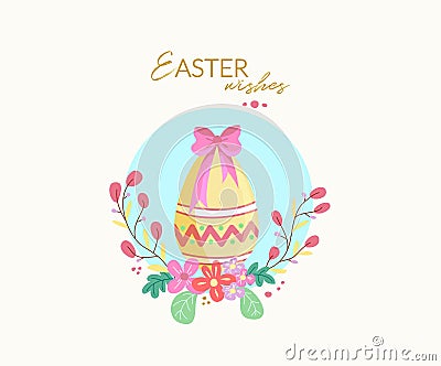 Easter wishes banner, poster, greeting card. Trendy Easter design with typography, flowers, eggs, in pastel colors. Vector Illustration
