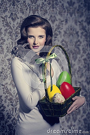 Easter woman with rabbit Stock Photo