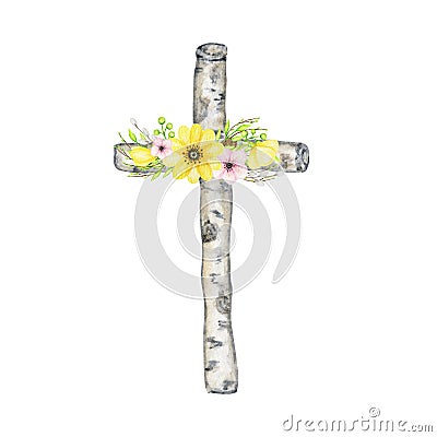 Easter Wooden Christian Cross with flowers. Catholic Church Floral cross isolated on white background. Religion symbol Stock Photo