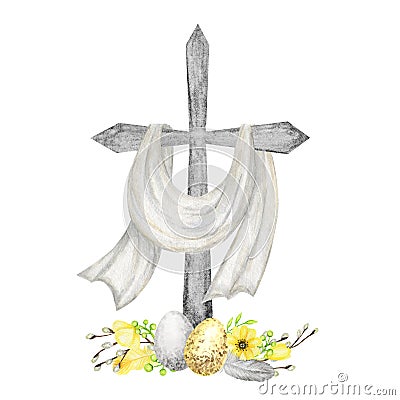 Easter Wooden Christian Cross with flowers and eggs. Catholic Church Floral cross isolated on white background. Religion Stock Photo